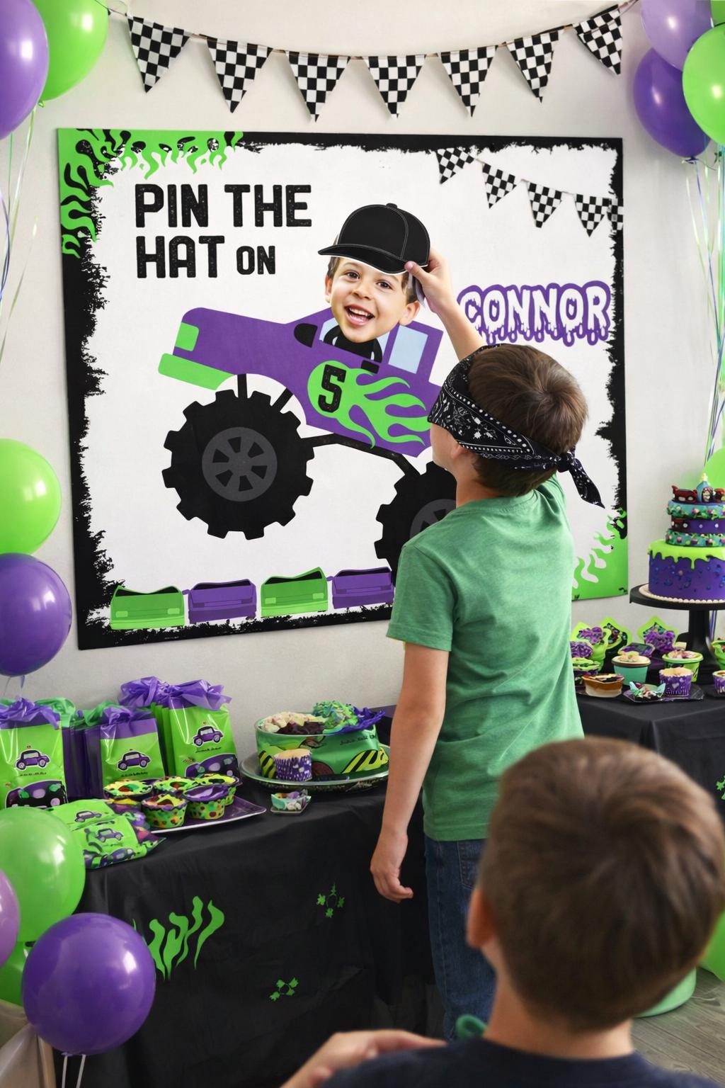 Monster Truck Birthday Party Personalized Pin The Hat Game, Digital Printable Design