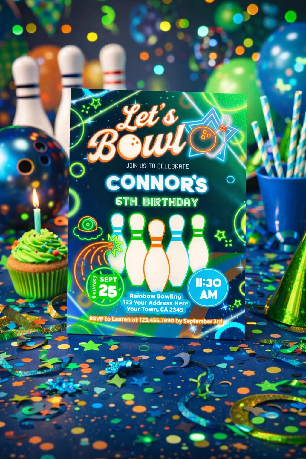 Bowling Birthday Party Invitation Editable Template, Instant Download