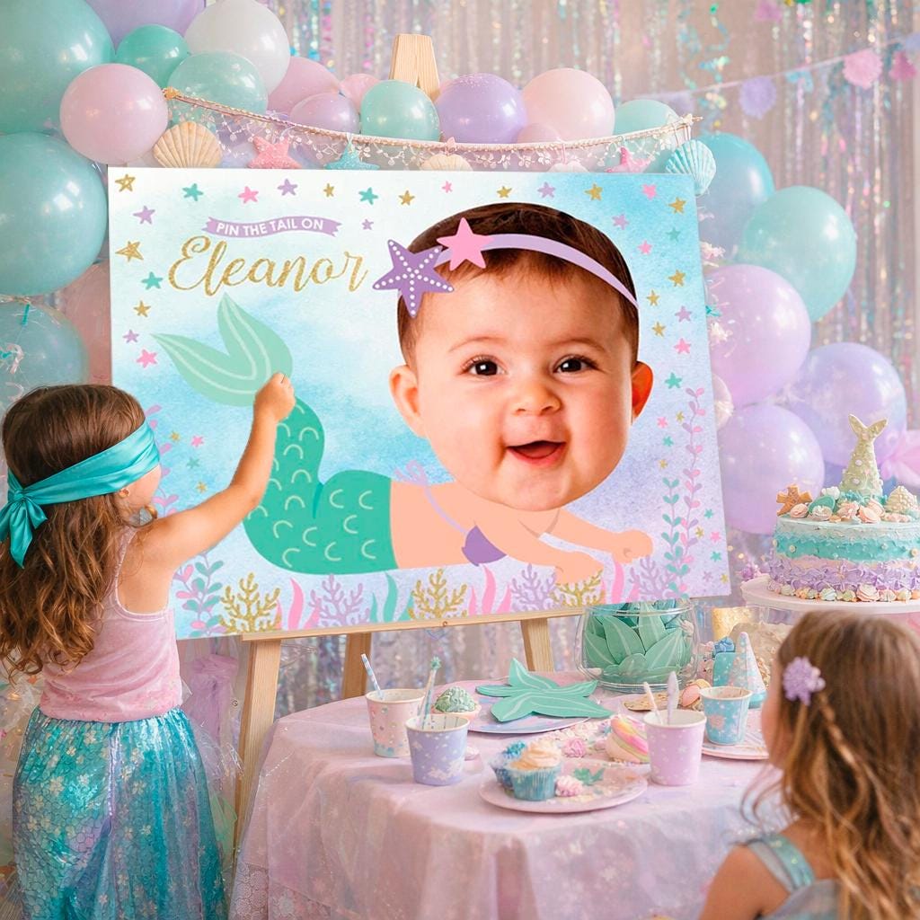 Mermaid Birthday Personalized Pin the Tail Game with Photo, Digital Printable Design