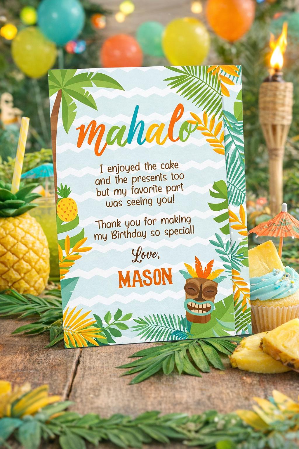 Hawaiian Luau Party Thank You Cards EDITABLE Template, INSTANT DOWNLOAD