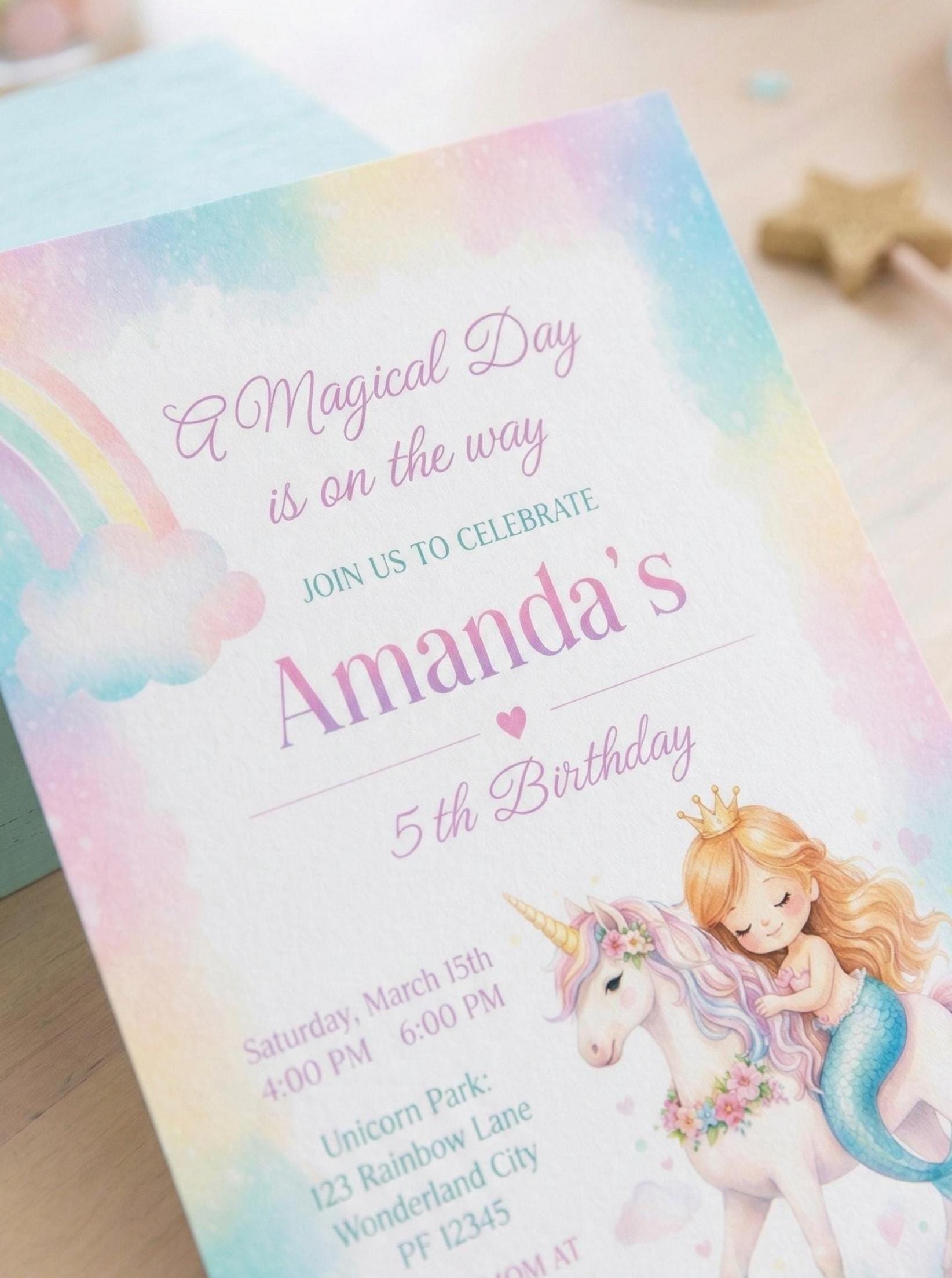 Unicorn and Mermaid Birthday Party Invitation for Any Age, Editable Template, Instant Download