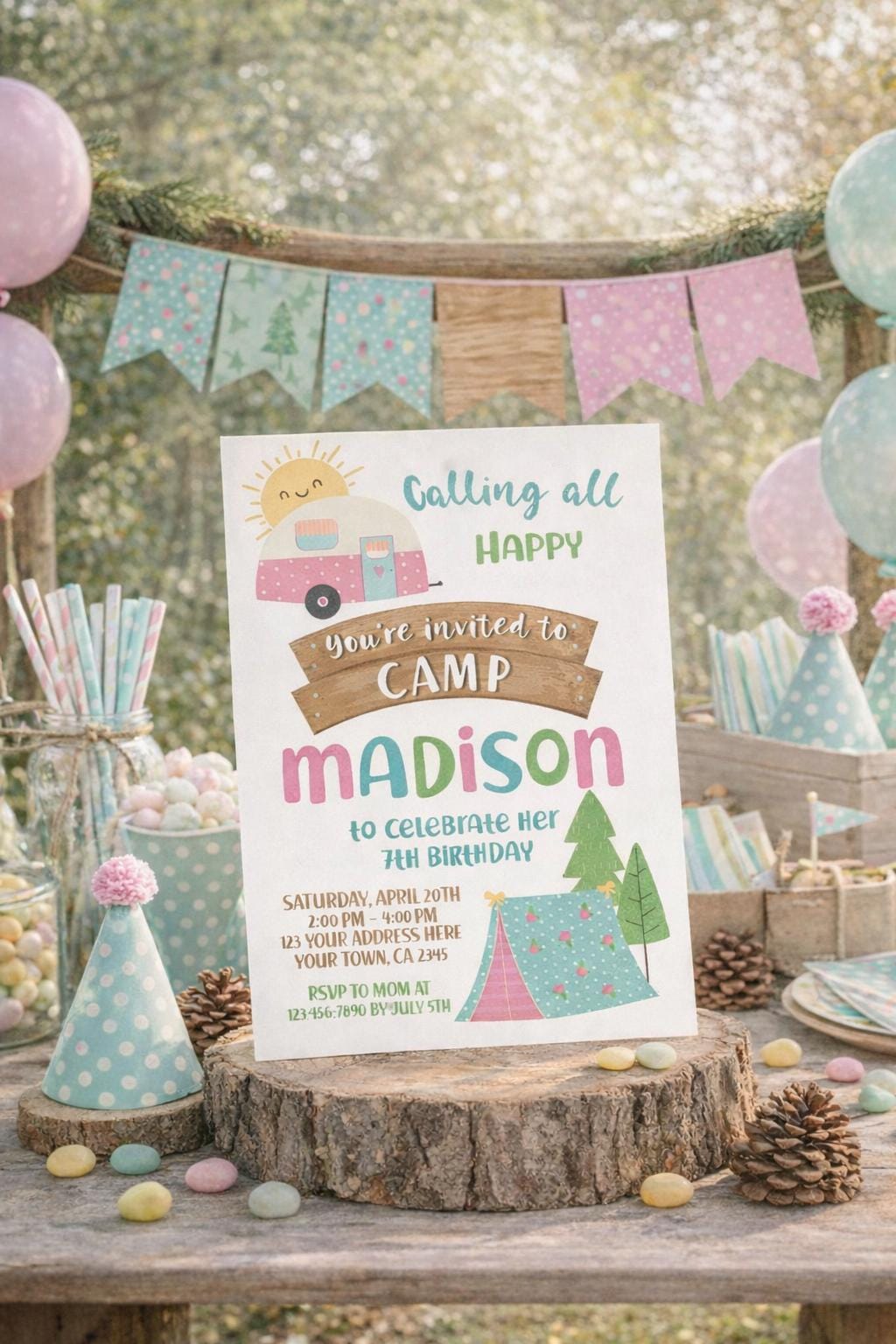 Camping Birthday Invitation Editable Template, Happy Camper Party, Instant Download