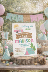 Camping Birthday Invitation Editable Template, Happy Camper Party, Instant Download