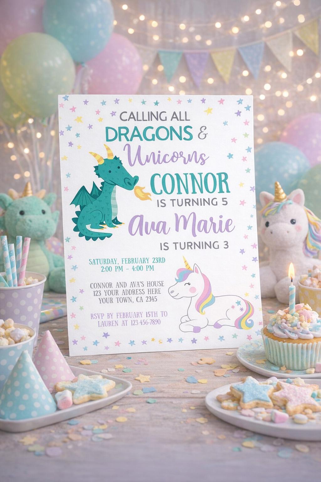 Unicorn and Dragon Birthday Invitation Editable Template, Joint Party, INSTANT DOWNLOAD