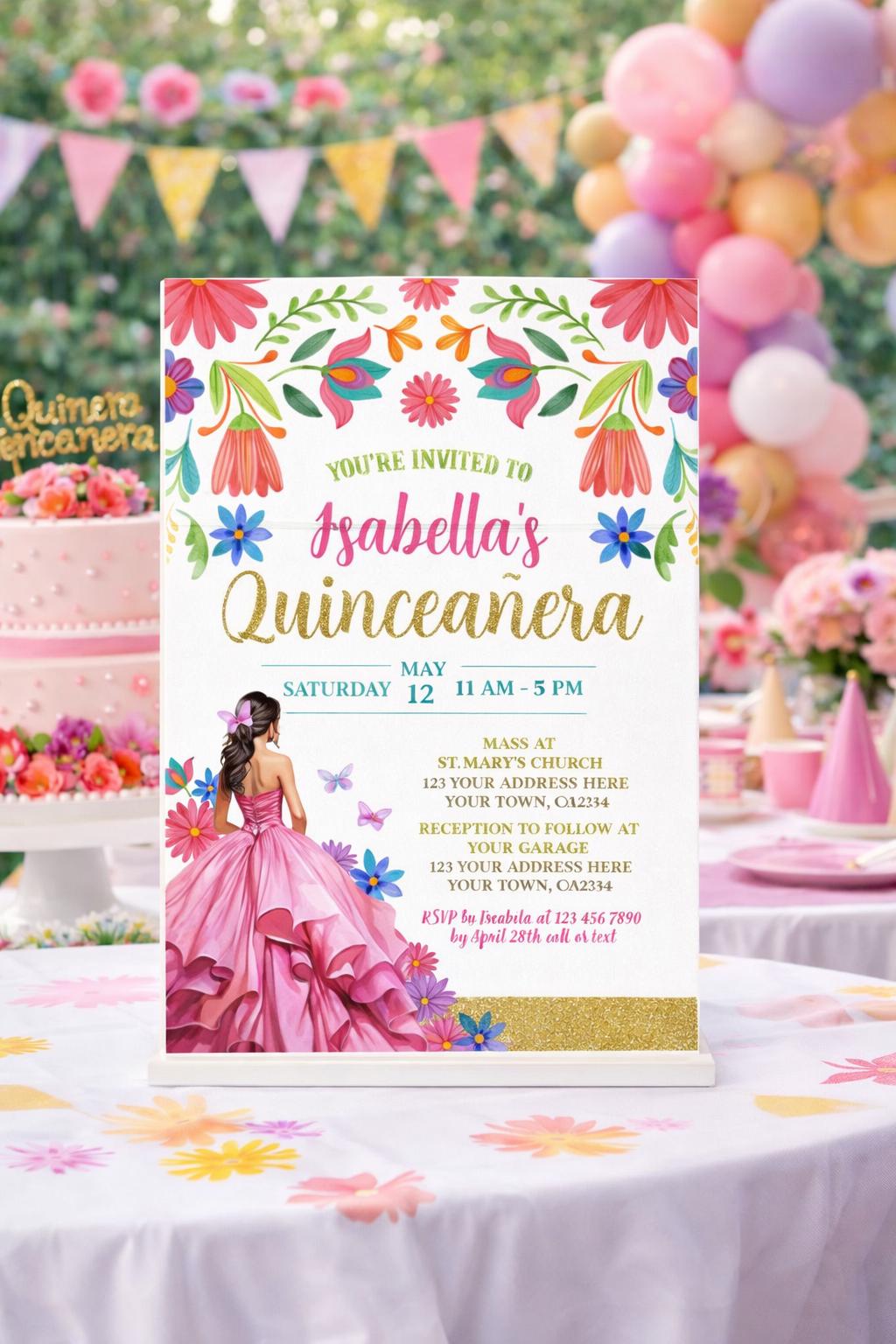Floral Mexican Quinceañera Invitation, Fiesta Birthday Invite (Digital Download)