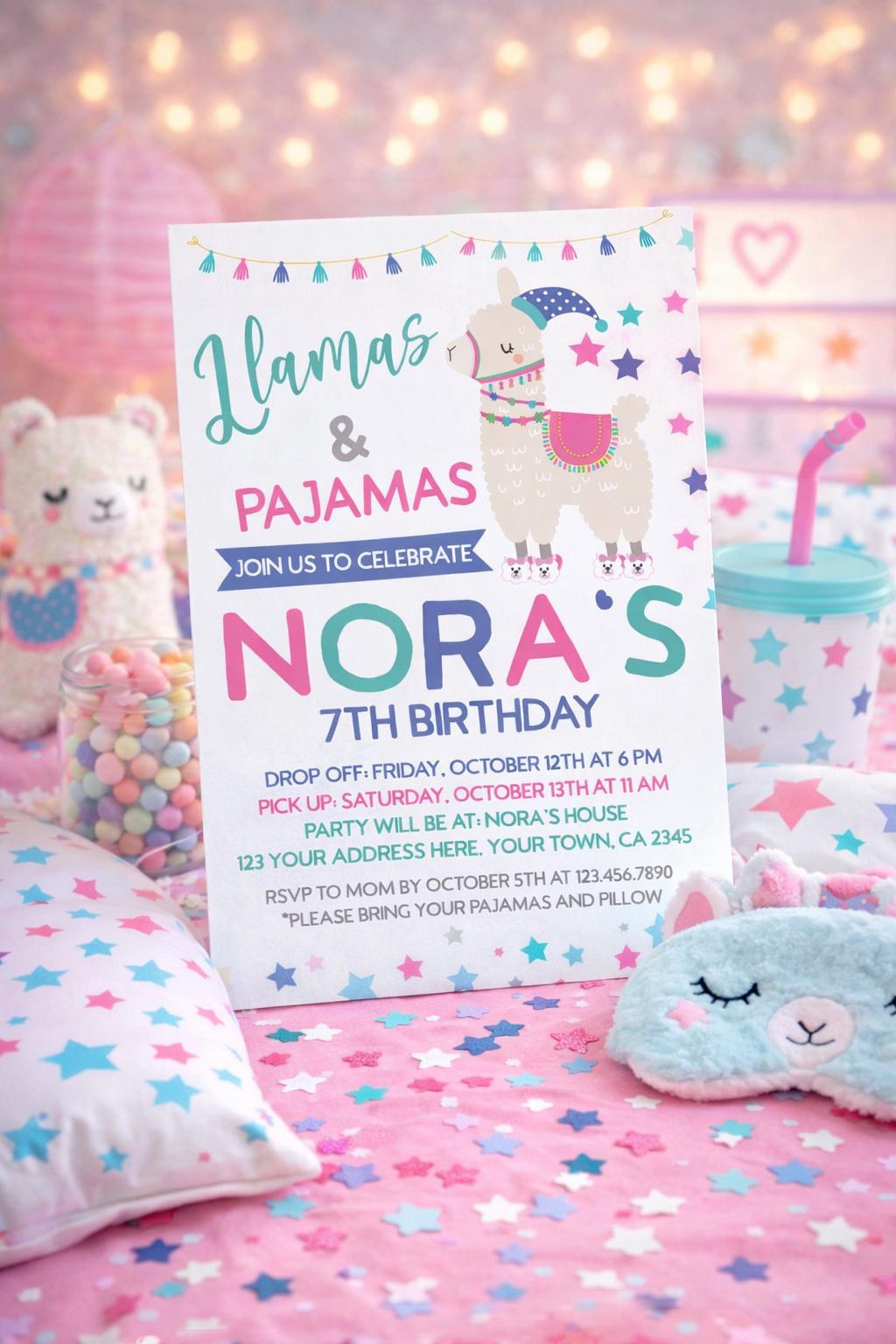 Llama Pajama Party Invitation Editable Template for Any Age, Slumber Party Invite (Instant Download)