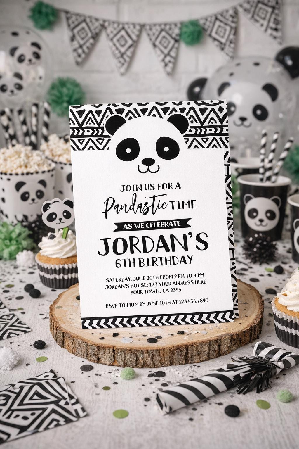 Panda Birthday Invitation Editable Template for any age, Black and White Party (Instant Download)