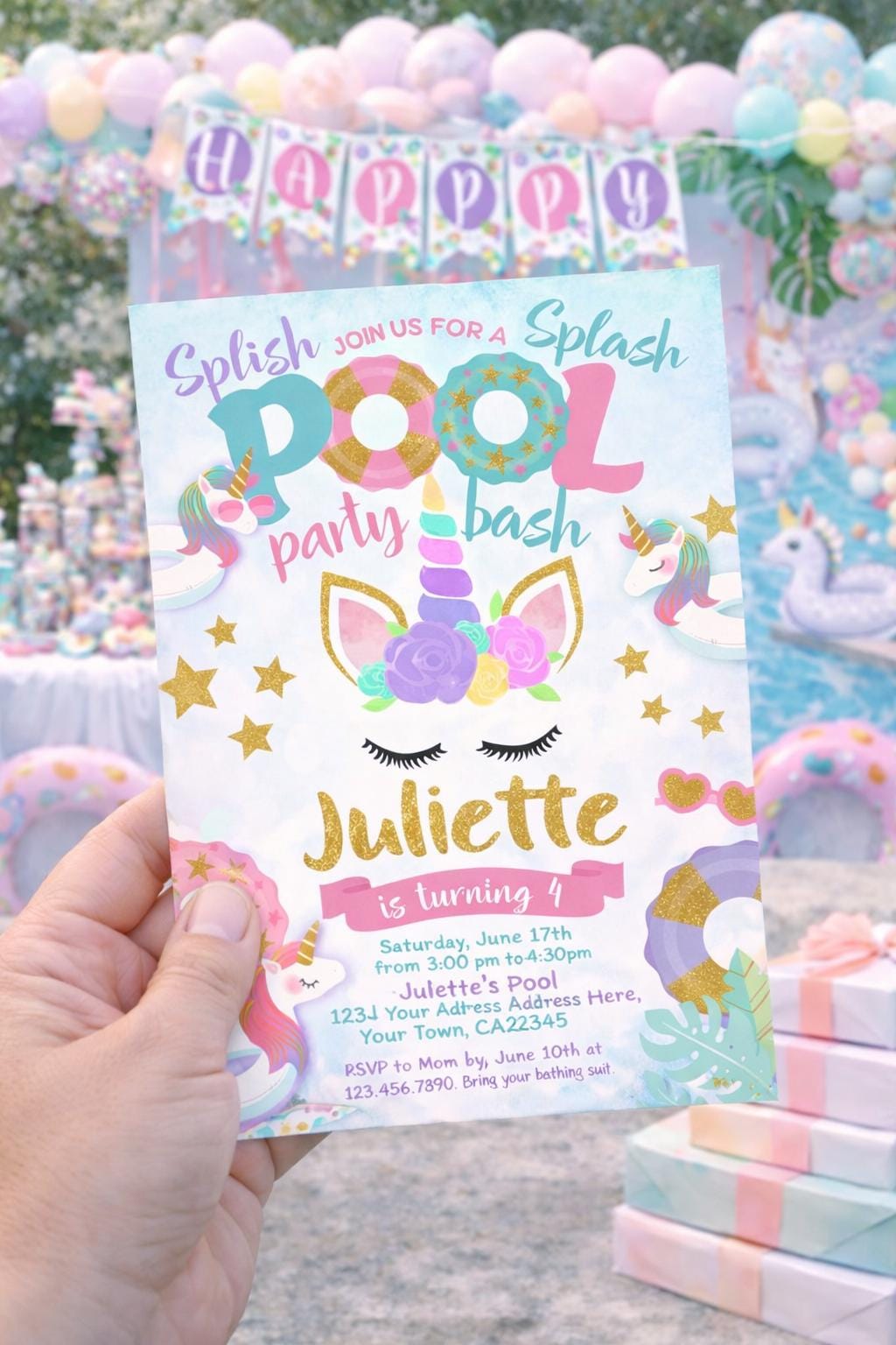 Unicorn Pool Party Invitation EDITABLE Template, INSTANT DOWNLOAD