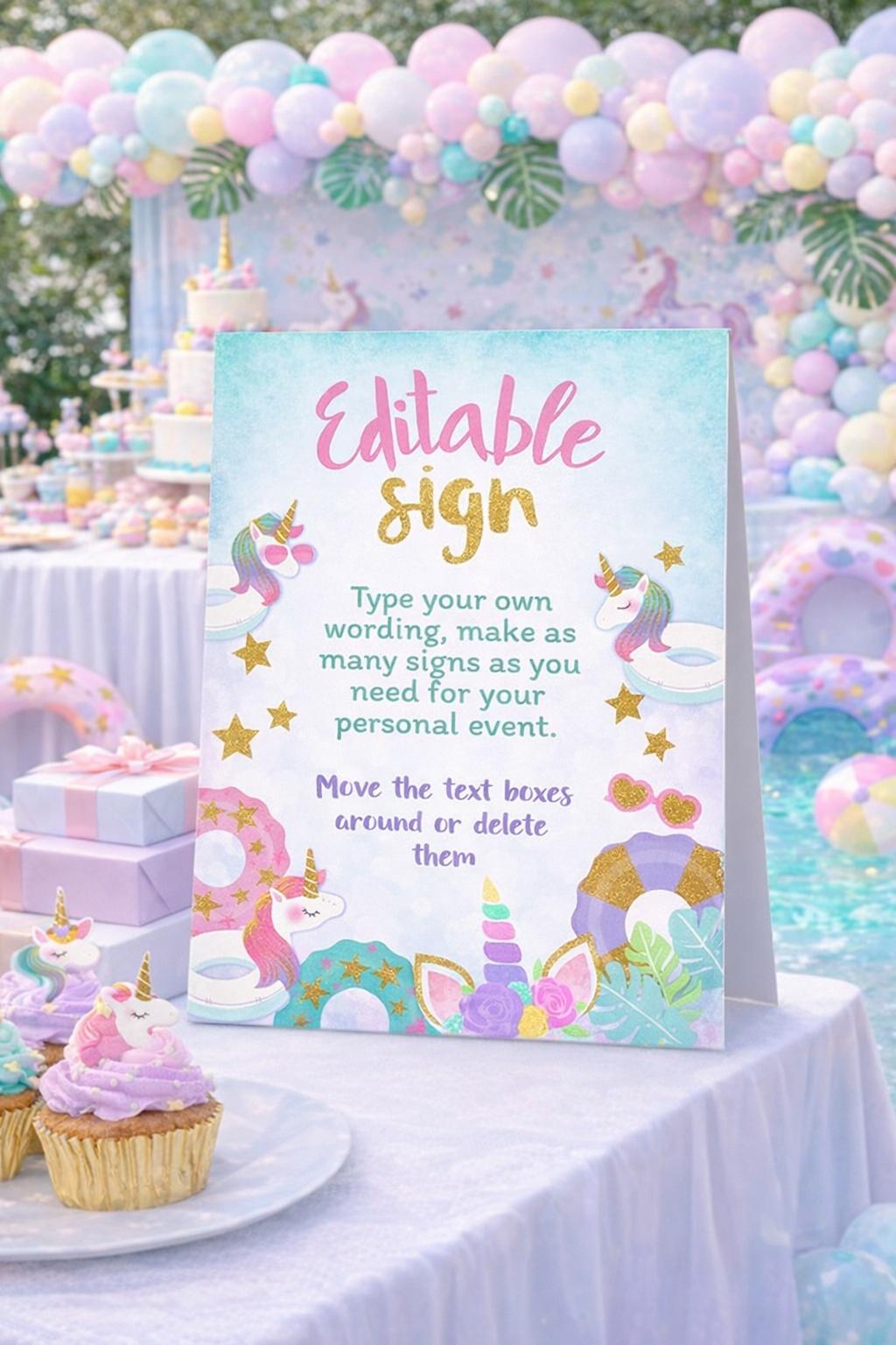 Unicorn Pool Party EDITABLE Sign Template, INSTANT Download