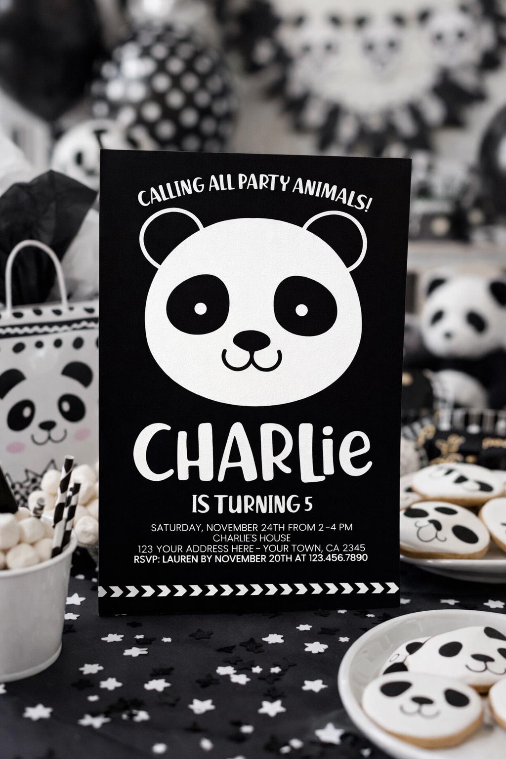 Panda Birthday Invitation, Modern Black White, Any Age (Digital Download)