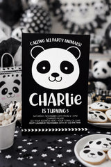 Panda Birthday Invitation, Modern Black White, Any Age (Digital Download)