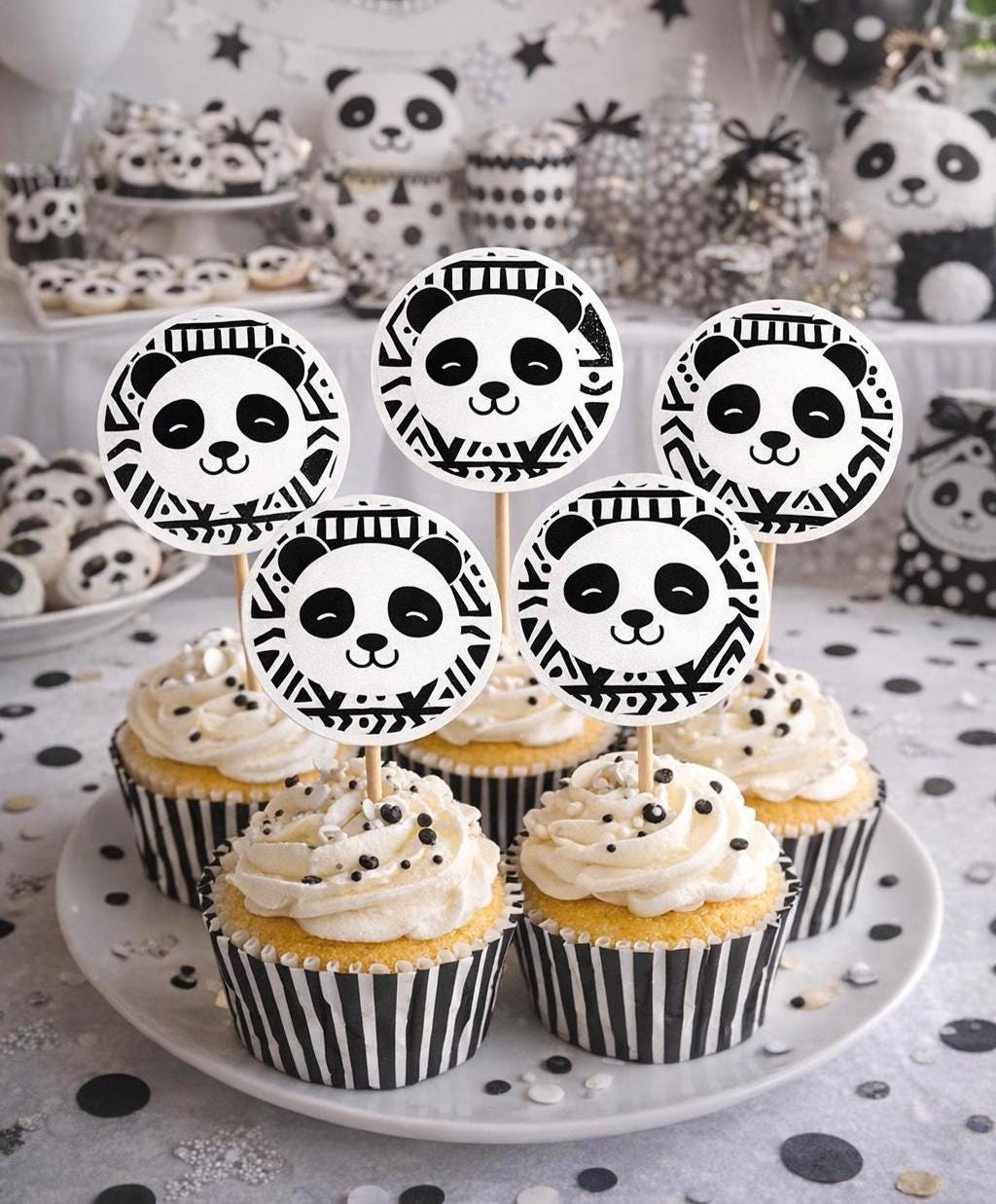 Panda Party Toppers or Stickers, Black and White INSTANT DOWNLOAD