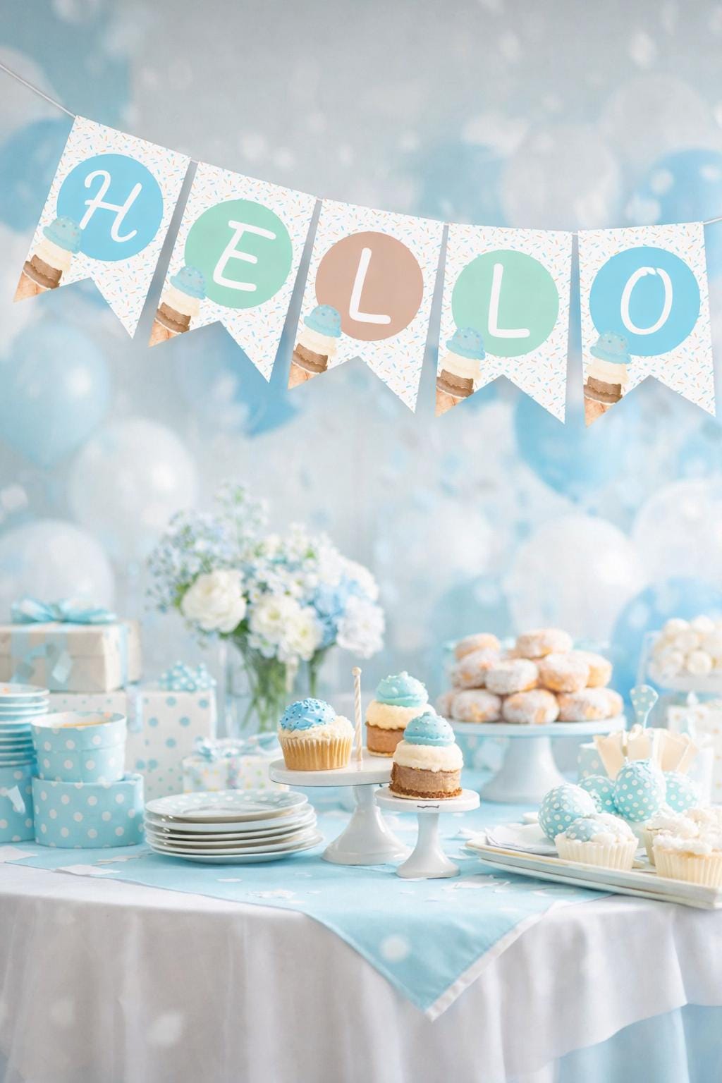 Ice Cream Baby Shower Banner Editable TEMPLATE, Add your Text, Instant Download