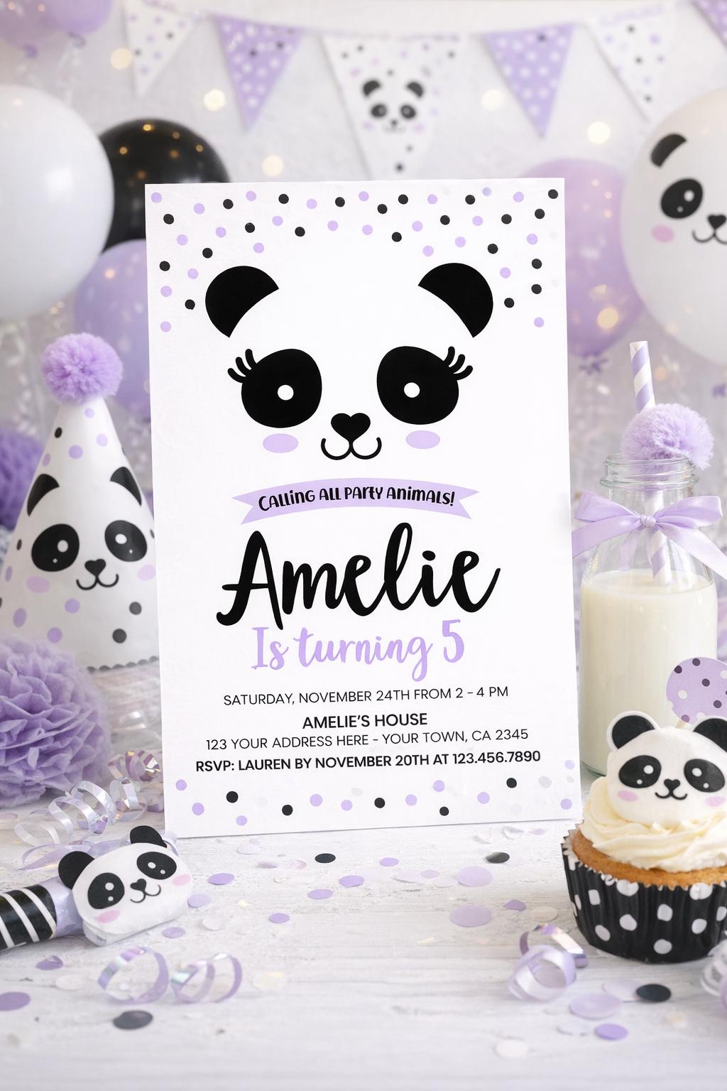 Panda Birthday Party Invitation Template, Black White & Purple, Edit Yourself, INSTANT DOWNLOAD