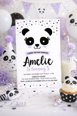 Panda Birthday Party Invitation Template, Black White & Purple, Edit Yourself, INSTANT DOWNLOAD