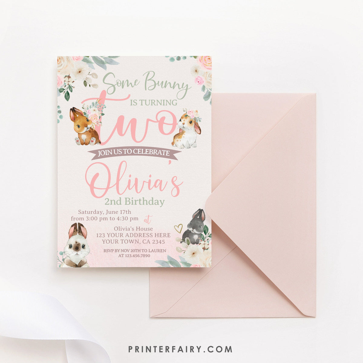 Bunny Editable Birthday Invitation Template, Add your own Wording, INSTANT DOWNLOAD