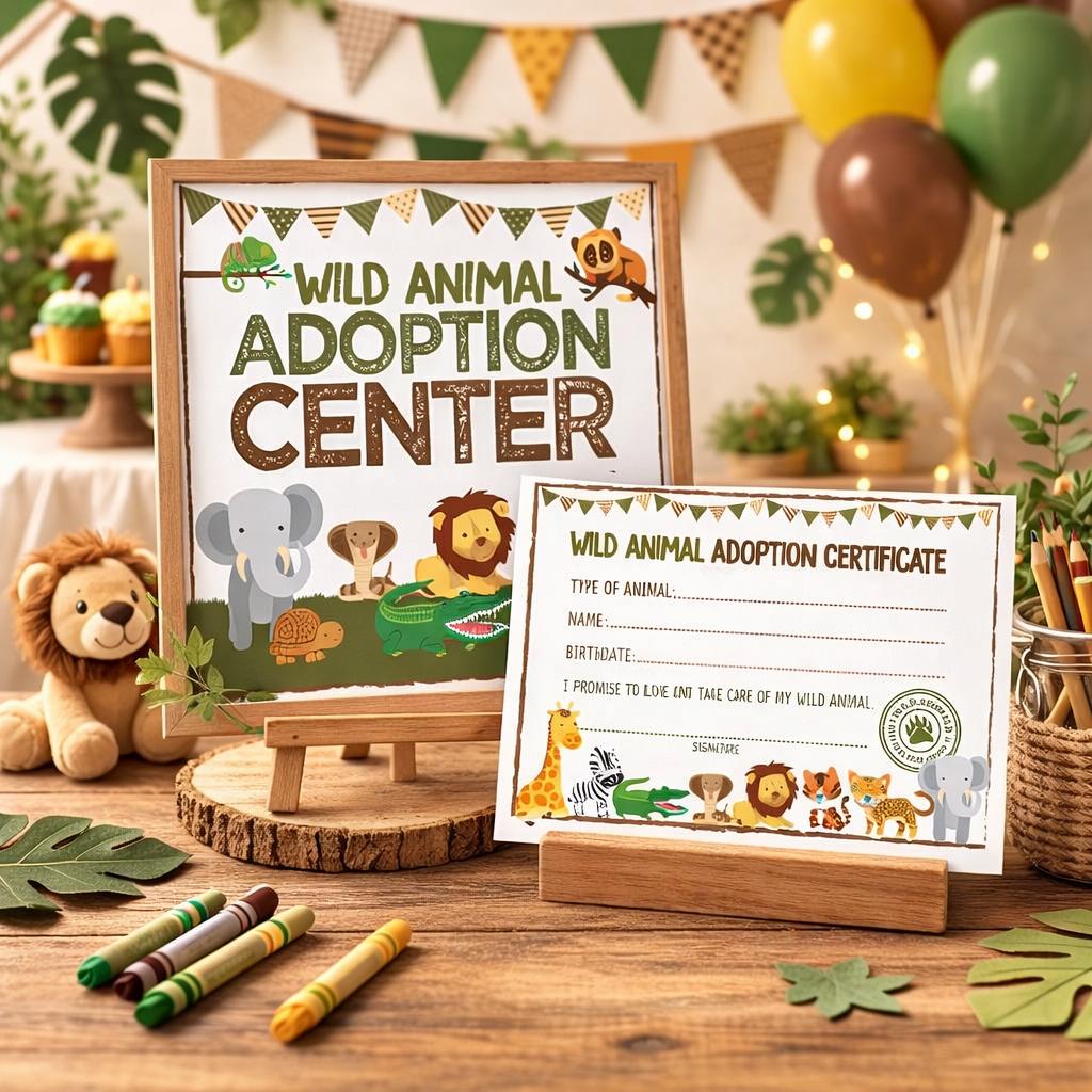 Wild Animal Pet Adoption Party Sign and Certificate, Reaty to print INSTANT DOWNLOAD