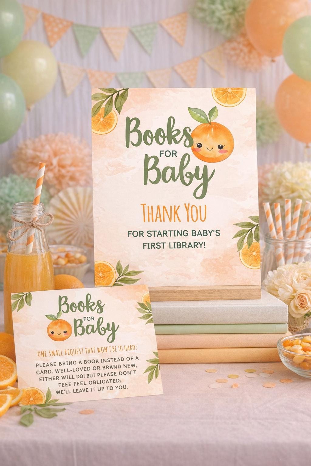 Orange Baby Shower Books for Baby Sign, Editable Template (Digital Download)