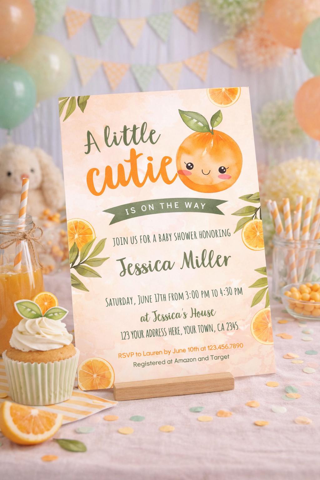 Orange Baby Shower Invitation, A Little Cutie Is On The Way (Digital Download)