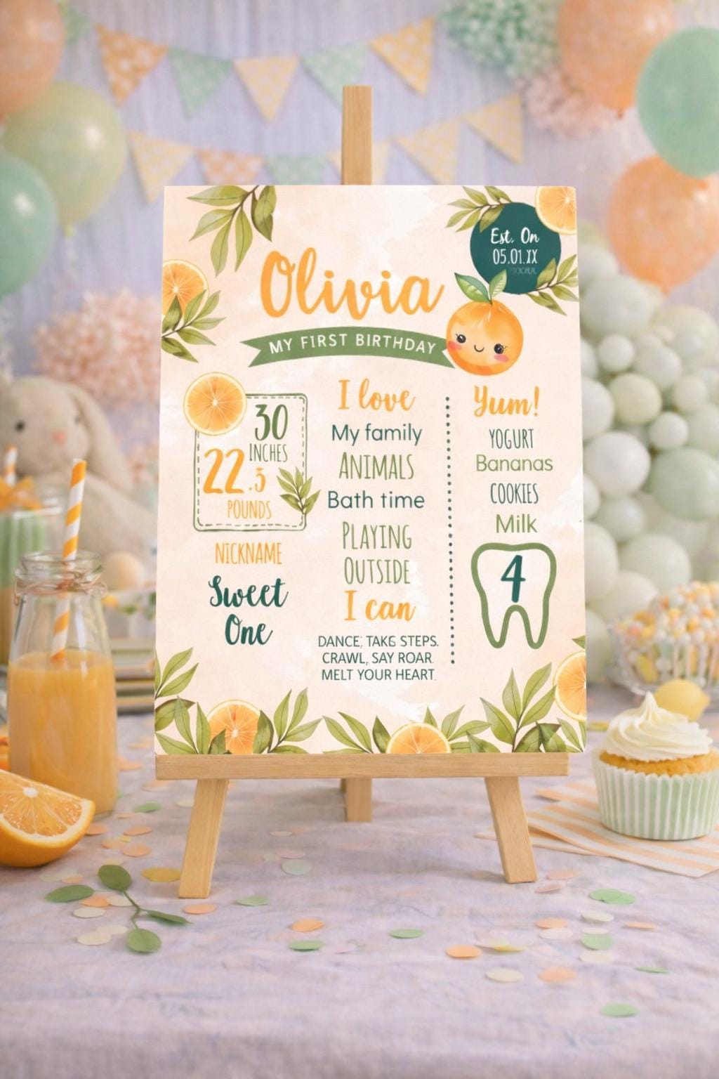 Sweet Orange First Birthday Stats Board, Editable Milestones Sign (Digital Download)