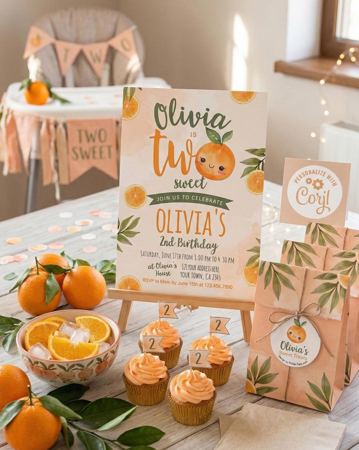 Sweet Orange 2nd Birthday Invitation, Summer Party Invite Template (Digital Download)
