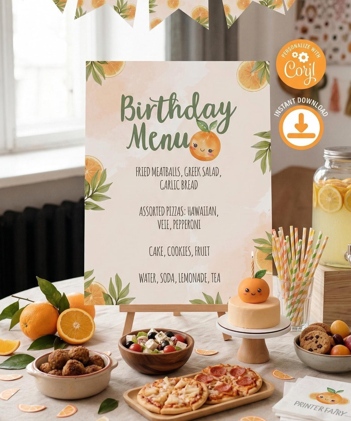 Sweet Orange Birthday Menu Sign, Editable Party Food Table (Digital Download)
