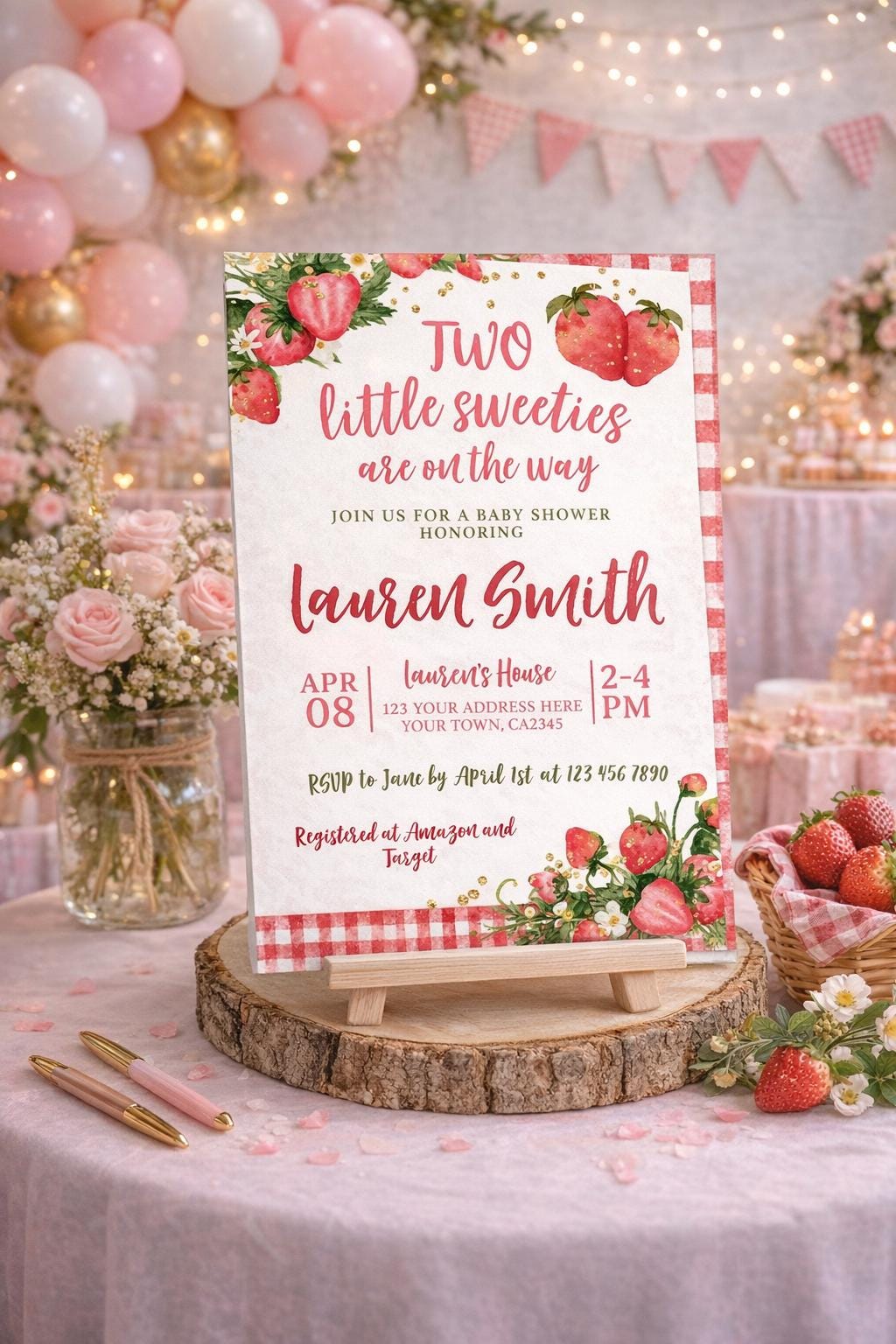 Strawberry Twins Baby Shower Invitation, Two Little Sweeties (Digital Download)