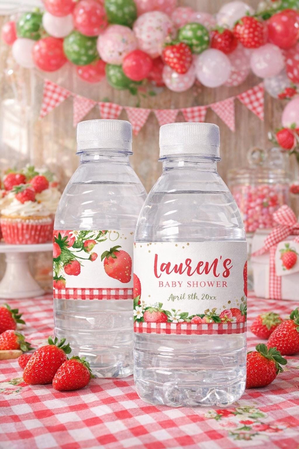 Strawberry Baby Shower Water Bottle Labels, Editable Party Decor (Digital Download)
