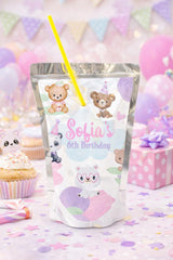 Bear Birthday Drink Pouch Label, Printable Party Favors, INSTANT DOWNLOAD
