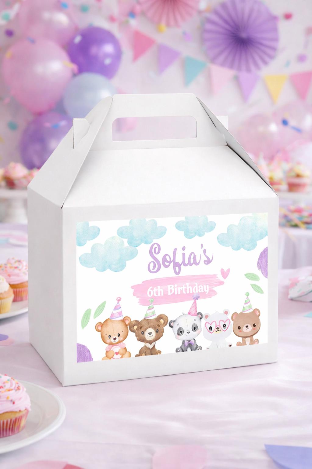 Bear Birthday Party Favor Gable Box Label Editable Template, INSTANT DOWNLOAD
