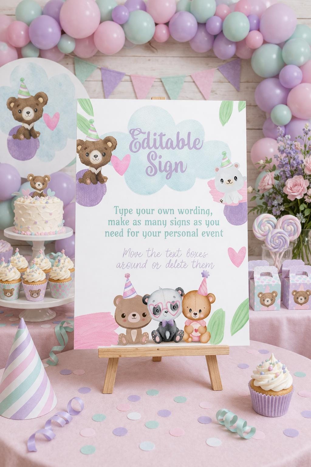 Bear Birthday Editable Sign Template to Add your own Wording, INSTANT DOWNLOAD