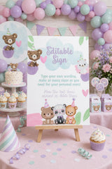 Bear Birthday Editable Sign Template to Add your own Wording, INSTANT DOWNLOAD