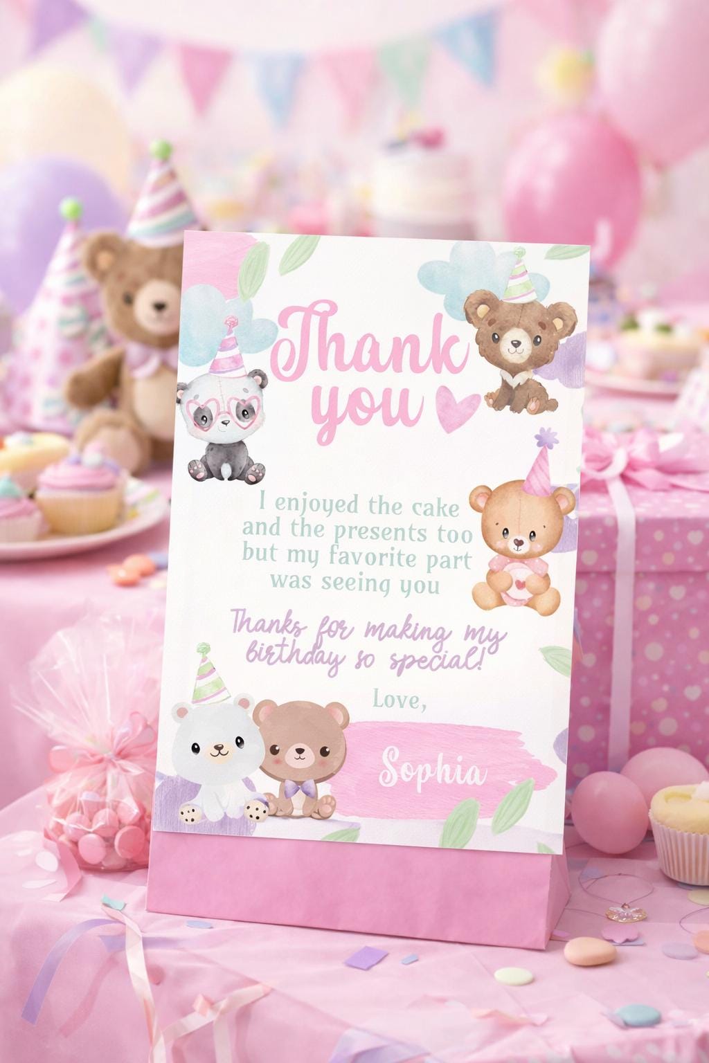 Bear Birthday Thank You Card Editable Template, Printable or Digital, INSTANT DOWNLOAD