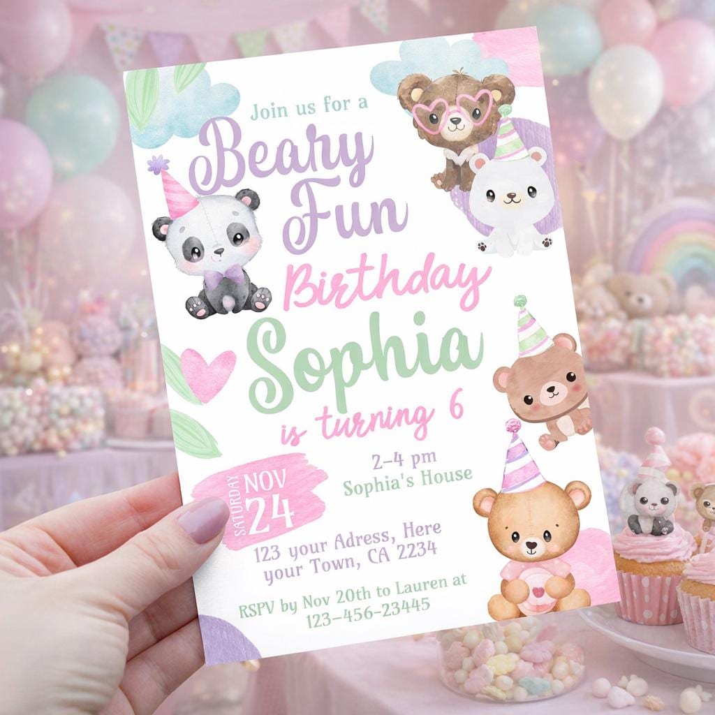 Editable Bear Birthday Invitation, Beary Fun Party, Teddy Bear Theme (Digital Download)