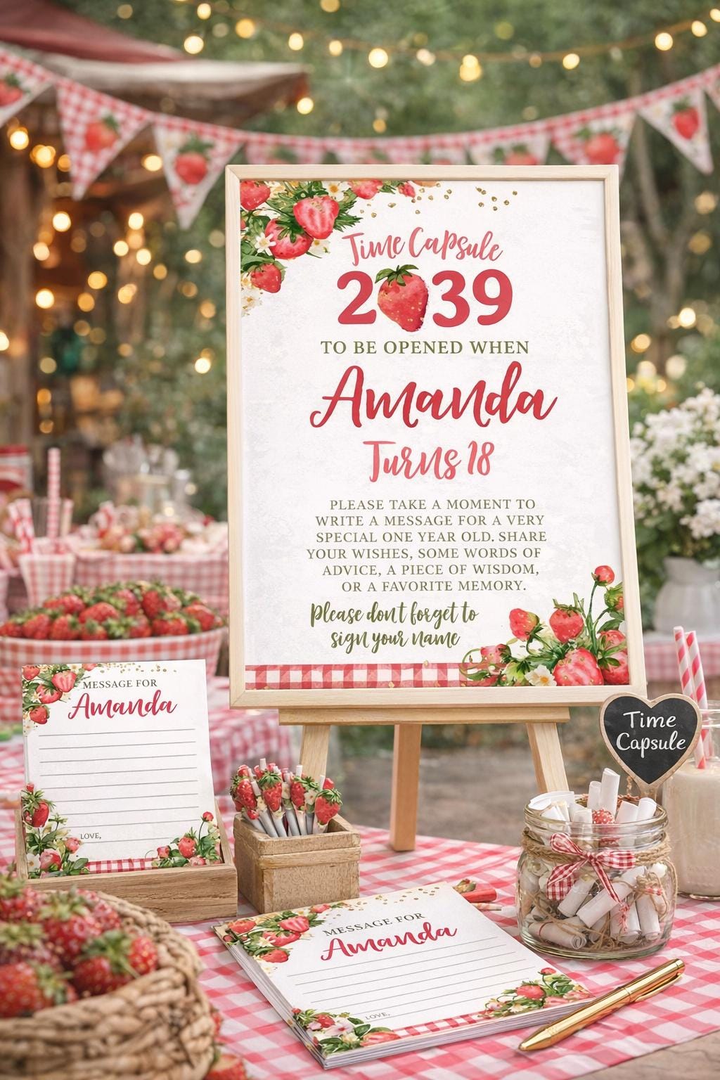 Strawberry Time Capsule Sign, Editable Berry 1st Birthday Party (Digital Download)