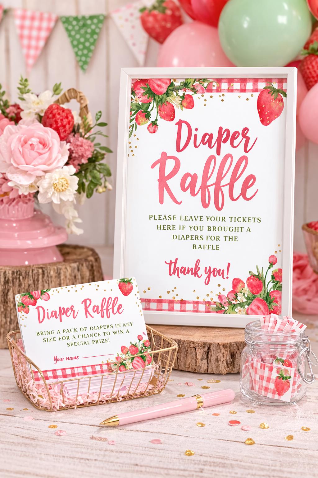 Strawberry Baby Shower Diaper Raffle Sign and Cards (Digital Download)