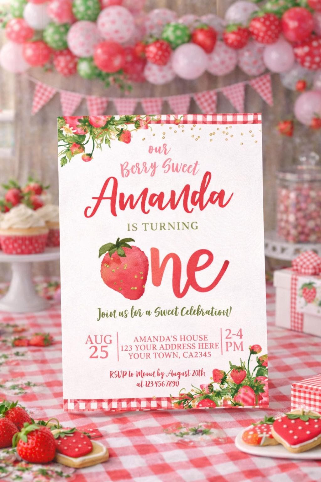 Strawberry First Birthday Invitation, Berry Sweet Floral Girl Invite (Digital Download)
