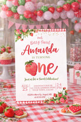 Strawberry First Birthday Invitation, Berry Sweet Floral Girl Invite (Digital Download)