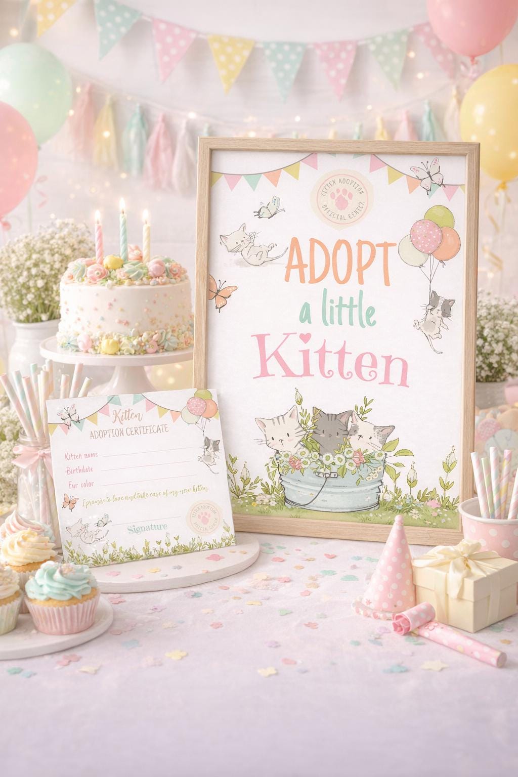 Kitten Garden Adoption Party Printables, Birthday Certificate Sign (Digital Download)