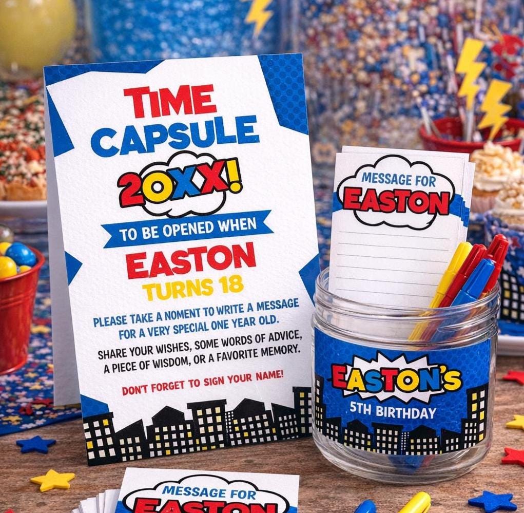 Superhero First Birthday Time Capsule, Editable Comic Party Game (Digital Download)