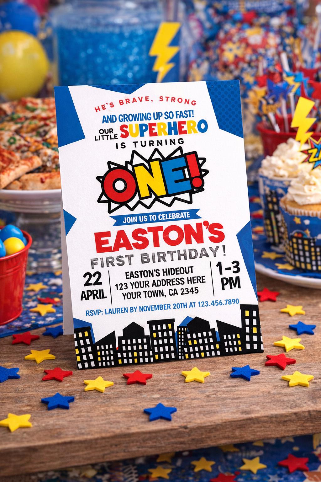 Superhero First Birthday Invitation Editable Template, INSTANT DOWNLOAD