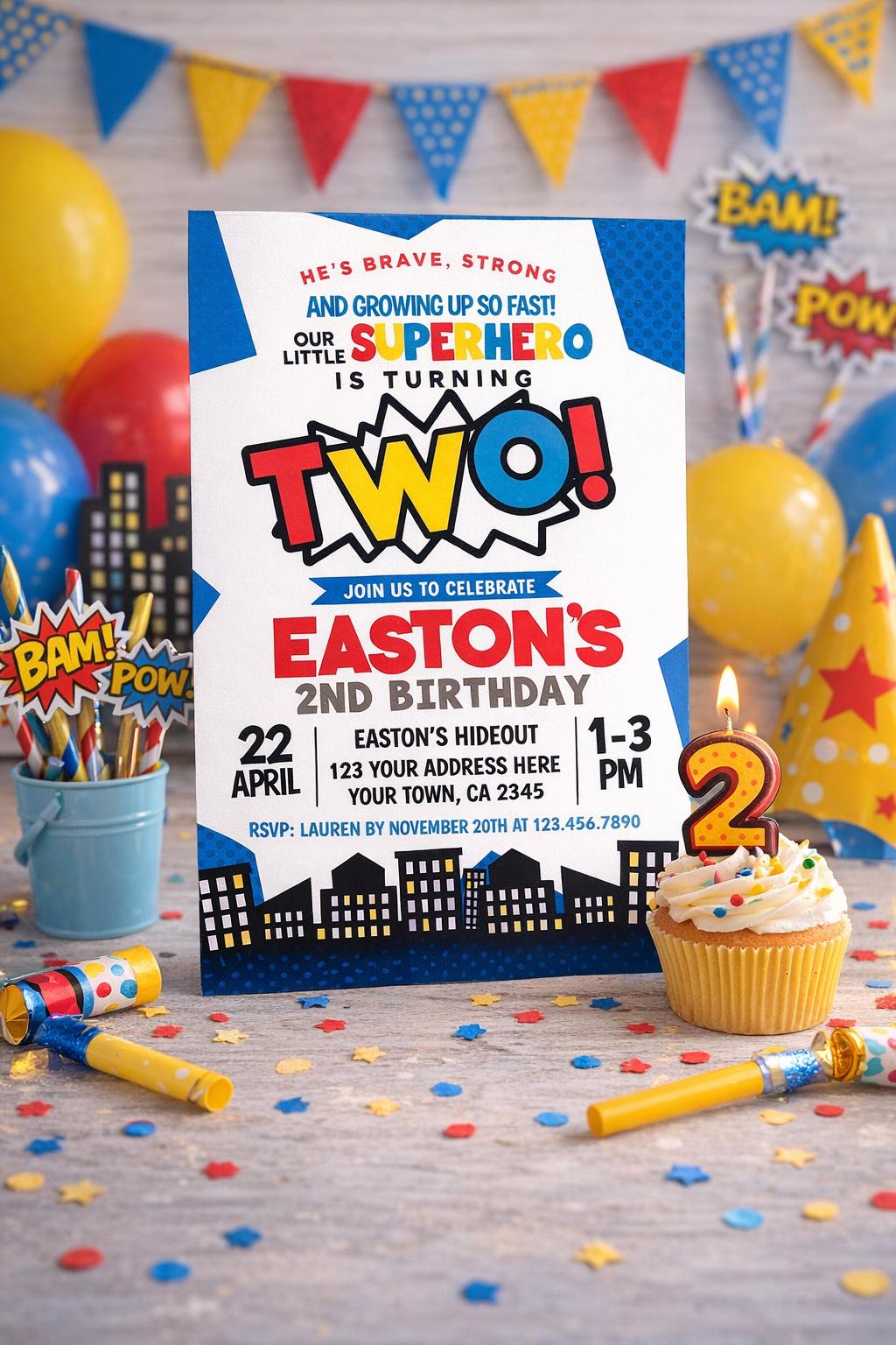 Superhero Second Birthday Invitation, Editable Comic Party Invite (Digital Download)