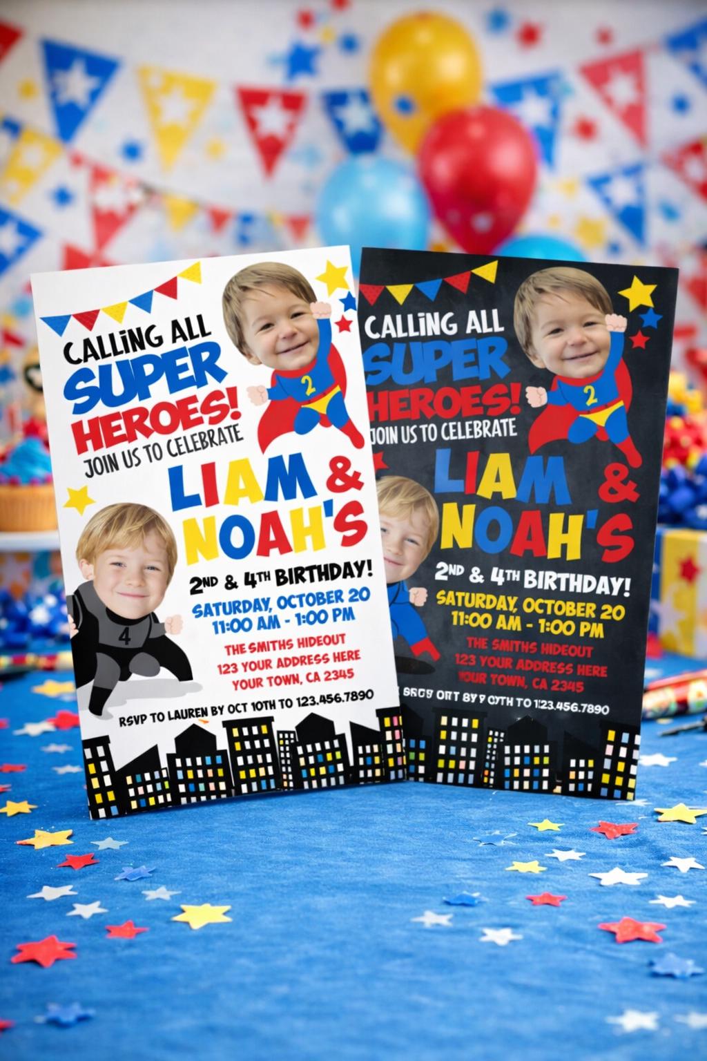 Superhero Sibling Birthday Invitation with Photo (Digital Invitation)