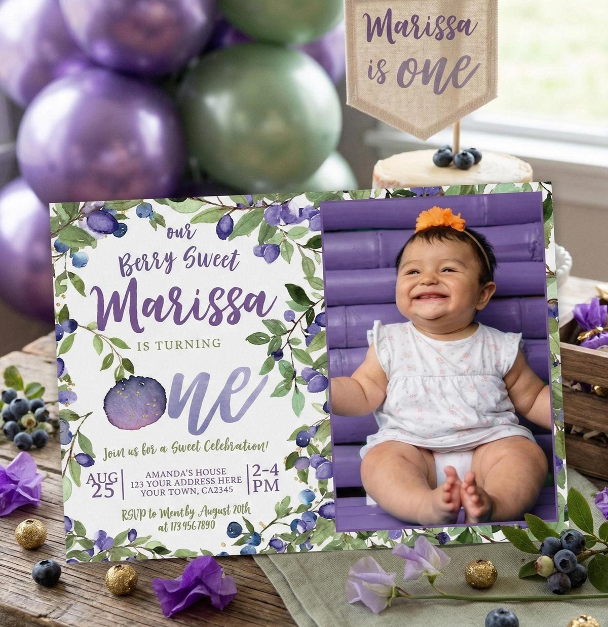 Blueberry First Birthday Invitation with photo EDITABLE Template, INSTANT DOWNLOAD