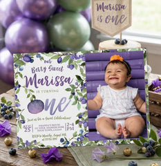 Blueberry First Birthday Invitation with photo EDITABLE Template, INSTANT DOWNLOAD