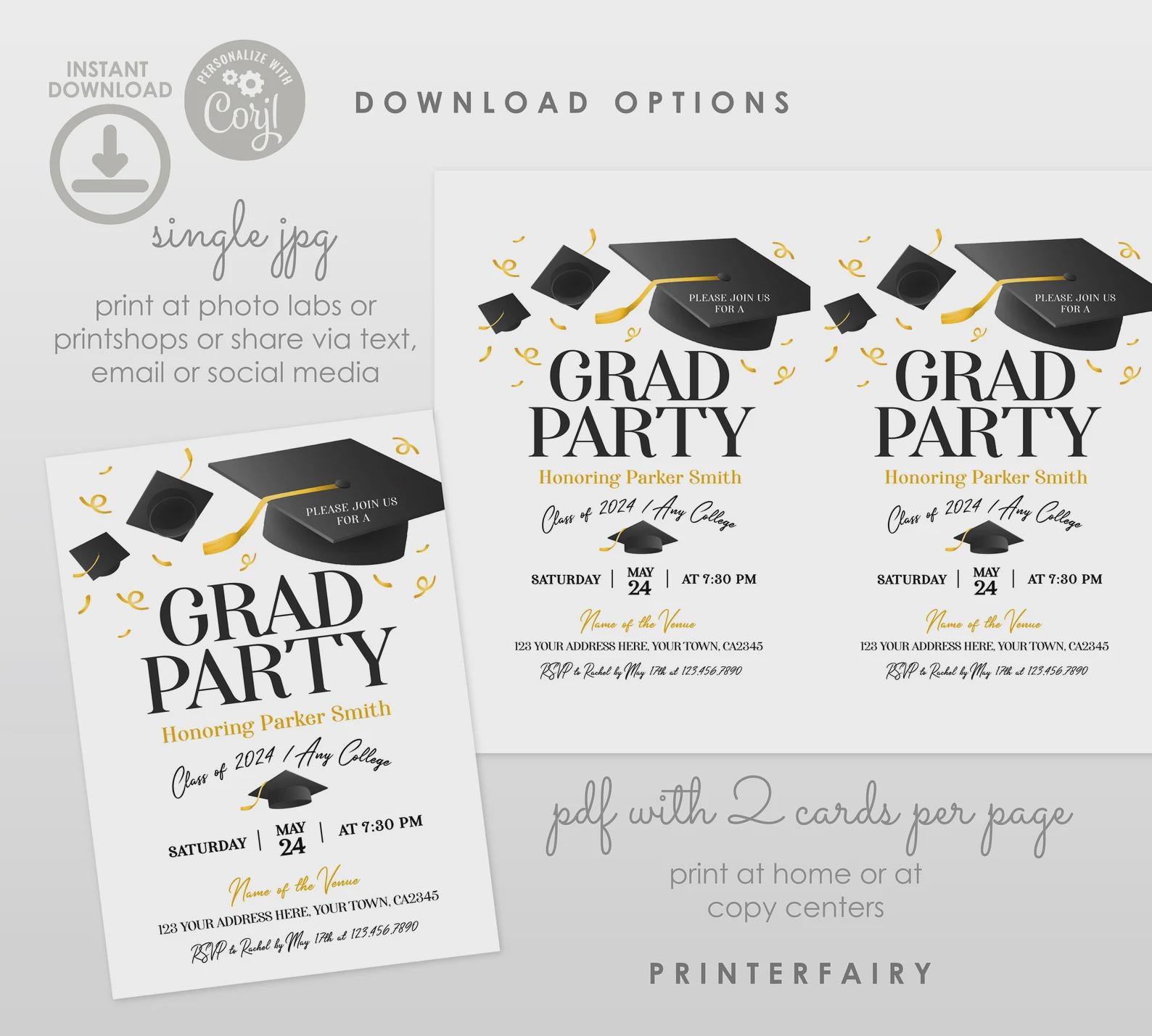 Graduation Party Bundle, Editable Templates, Invitation, Signs (Digital Download)