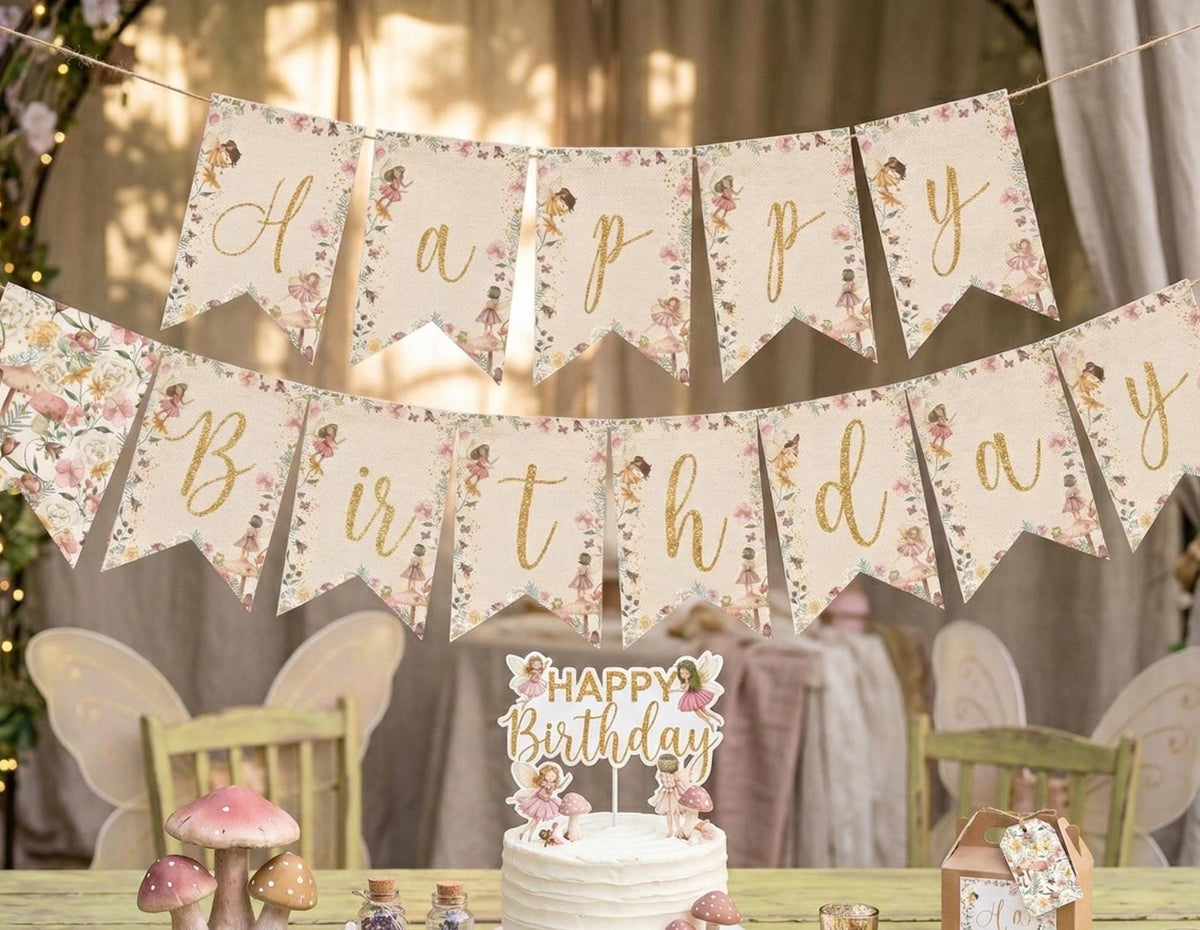 Fairy Birthday Banner, Floral Garden Party Decorations (Instant Download)