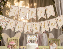 Fairy Birthday Banner, Floral Garden Party Decorations (Instant Download)