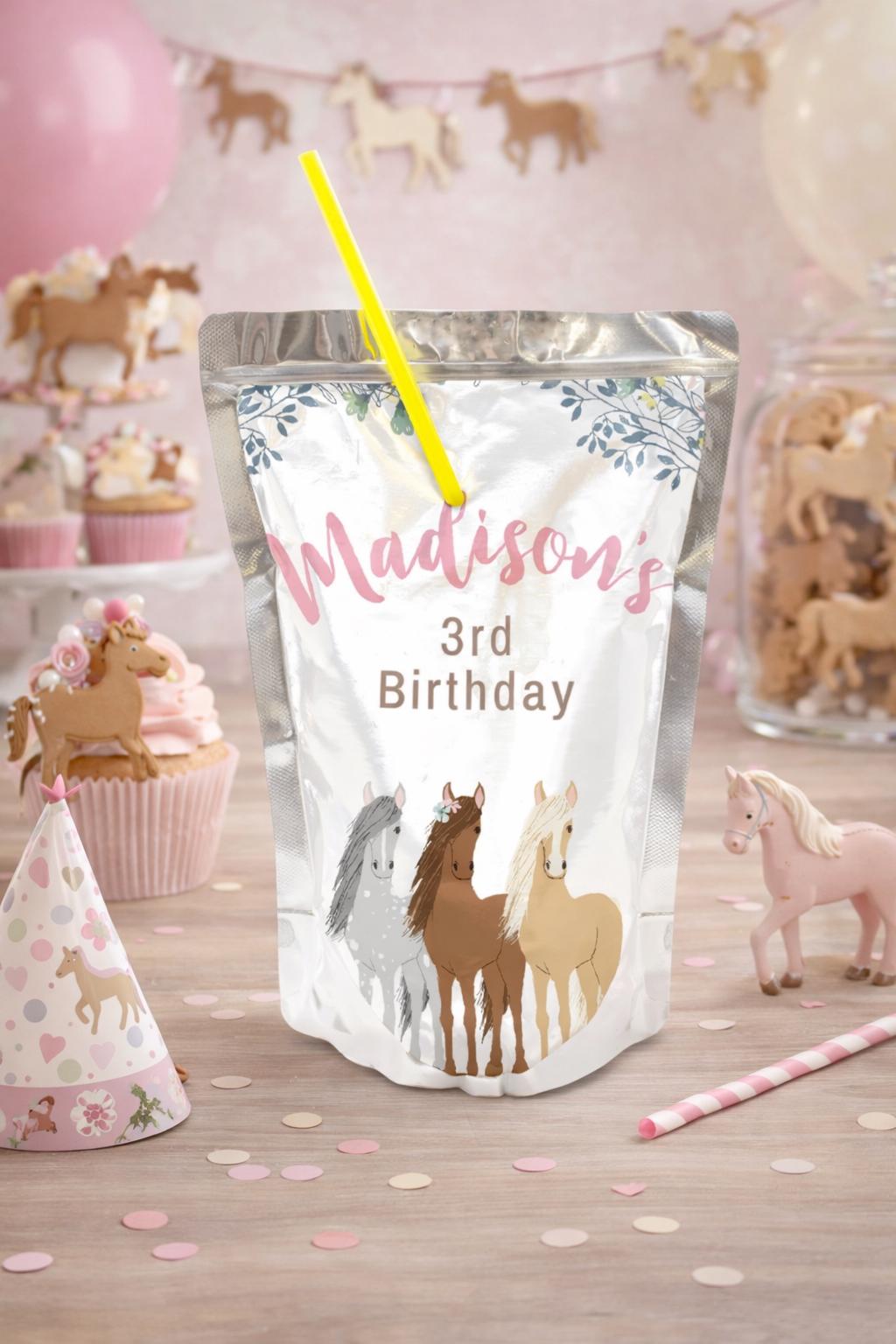 Floral Horse Drink Pouch Label, Editable Western Birthday Party (Digital Download)