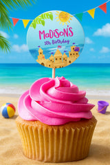Beach Birthday Party Toppers Editable Template, Sand Castle Stickers, Instant Download